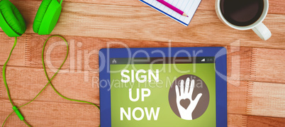 Composite image of sign up now text with icons on green screen