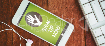 Composite image of vector image of sign up now text with icons