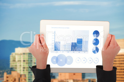 Composite image of feminine hands holding tablet