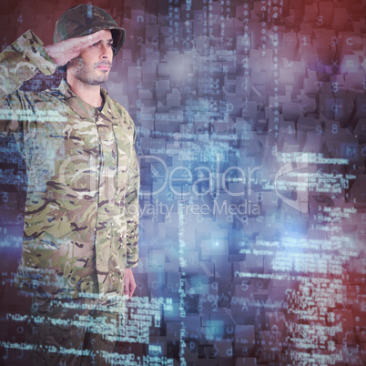 Composite image of confident military soldier saluting