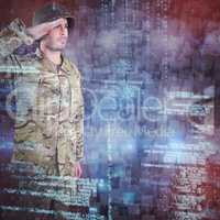 Composite image of confident military soldier saluting