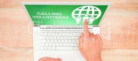 Composite image of calling volunteers text with icons on green screen