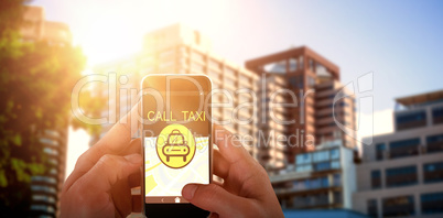 Composite image of close-up of man holding smart phone