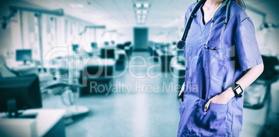 Composite image of asian nurse with hands in pocket