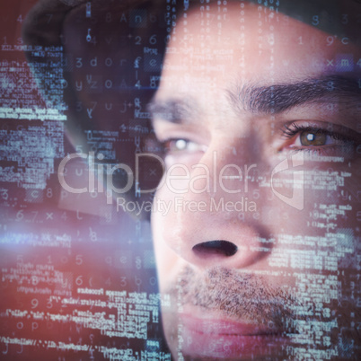 Composite image of close up of thoughtful soldier