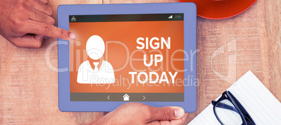 Composite image of sign up now text with human icon on brown screen