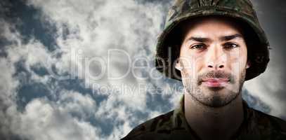 Composite image of close up of confident soldier wearing hard hat