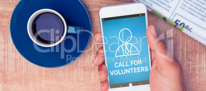 Composite image of digitally composite image of call for volunteers text with human icon