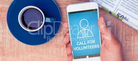 Composite image of digitally composite image of call for volunteers text with human icon