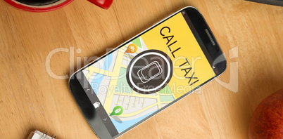 Composite image of digitally generated image of mobile phone with text and map