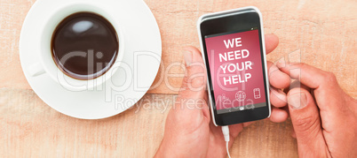 Composite image of digitally composite image of we need your help text with various icons