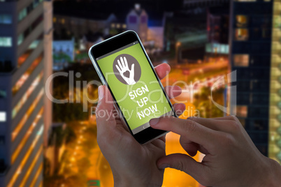 Composite image of close-up of cropped hands holding mobile phone