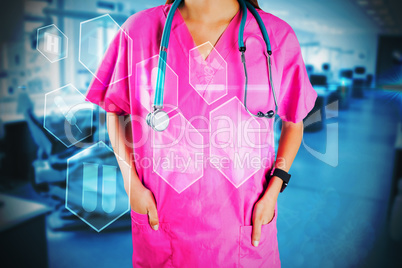 Composite image of mid section of nurse with stethoscope