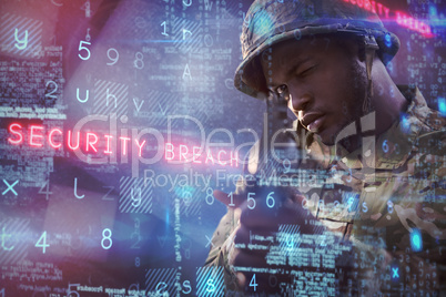 Composite image of close up of soldier aiming with rifle