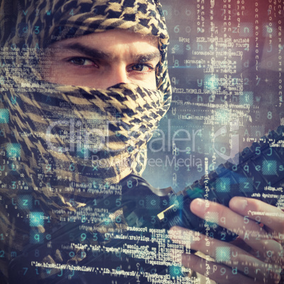 Composite image of close up portrait of soldier holding rifle