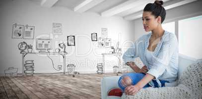 Composite image of beautiful young woman sitting on couch