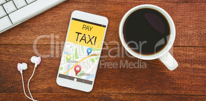 Composite image of vector image of pay taxi text with map