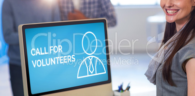 Composite image of call for volunteers text with human icon on blue screen