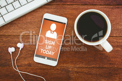 Composite image of vector image of sign up now text with human icon
