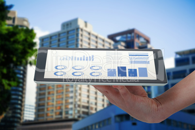 Composite image of human hand holding digital tablet against white background