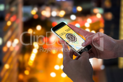 Composite image of close-up of man holding smart phone