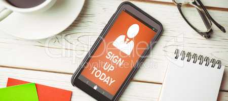 Composite image of vector image of sign up now text with human icon