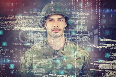 Composite image of soldier standing against white background