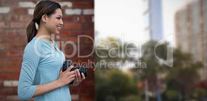 Composite image of side view of female photographer holding digital camera