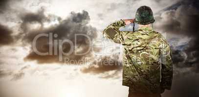 Composite image of rear view of military soldier saluting
