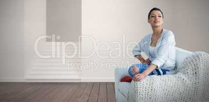 Composite image of young woman posing while sitting on sofa