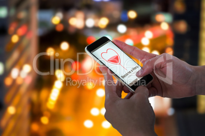 Composite image of close-up of man holding smart phone