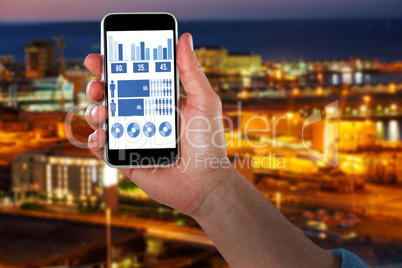 Composite image of cropped image of hand holding smart phone