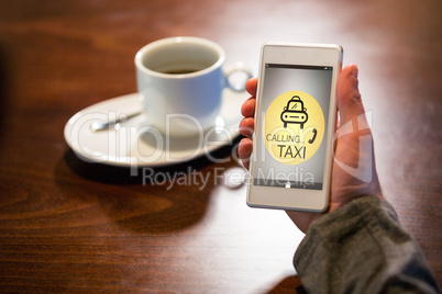 Composite image of vector image of taxi calling text with icon