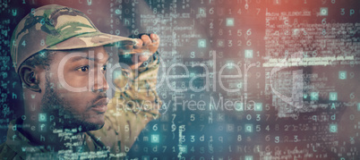 Composite image of close up of soldier saluting