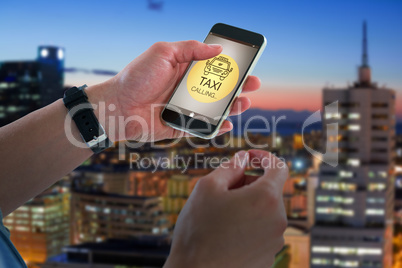 Composite image of close-up of man holding mobile phone