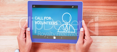 Composite image of call for volunteers text with human icon on blue screen