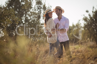 Happy young couple embracing at olive farm