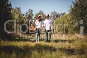 Young couple holding hands while carrying picnic basket