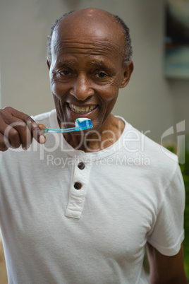 Portrait of smiling senior man brushing teeth in bathroom at home