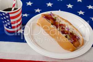 Hot dog served in plate with a drink on American flag