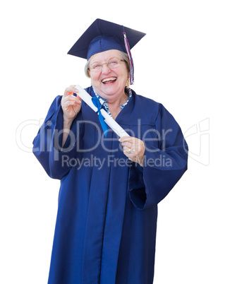 Happy Senior Adult Woman Graduate In Cap and Gown Holding Diplom
