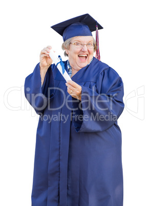 Happy Senior Adult Woman Graduate In Cap and Gown Holding Diplom