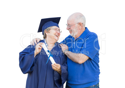 Senior Adult Woman Graduate in Cap and Gown Being Congratulated