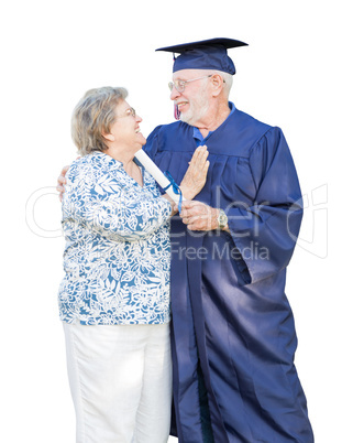 Senior Adult Man Graduate in Cap and Gown Being Congratulated By