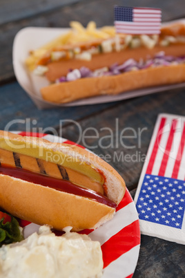 Hot dog served in plate with 4th july theme