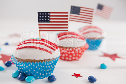 Close-up of cupcakes decorated with 4th july theme