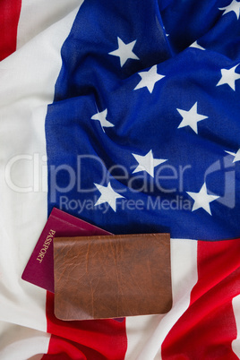 Passport and visa on an American flag