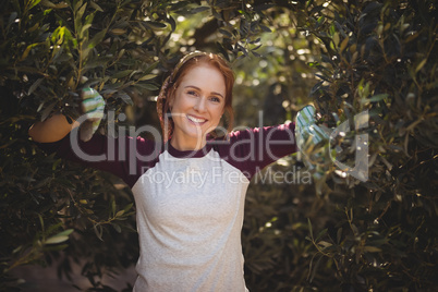 Smiling young woman standing amidst olive trees at farm