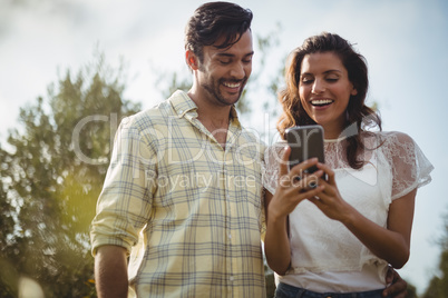 Cheerful young couple using mobile phone on sunny day at farm