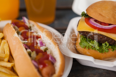 Close-up of hot dog and hamburger